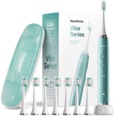 Aquasonic Vibe Series Ultra-Whitening Toothbrush  ADA Accepted Power Toothbrush - 8 Brush Heads & Travel Case  40,000 VPM Motor & Wireless Charging - 4 Modes w Smart Timer  Mint Green Metallic