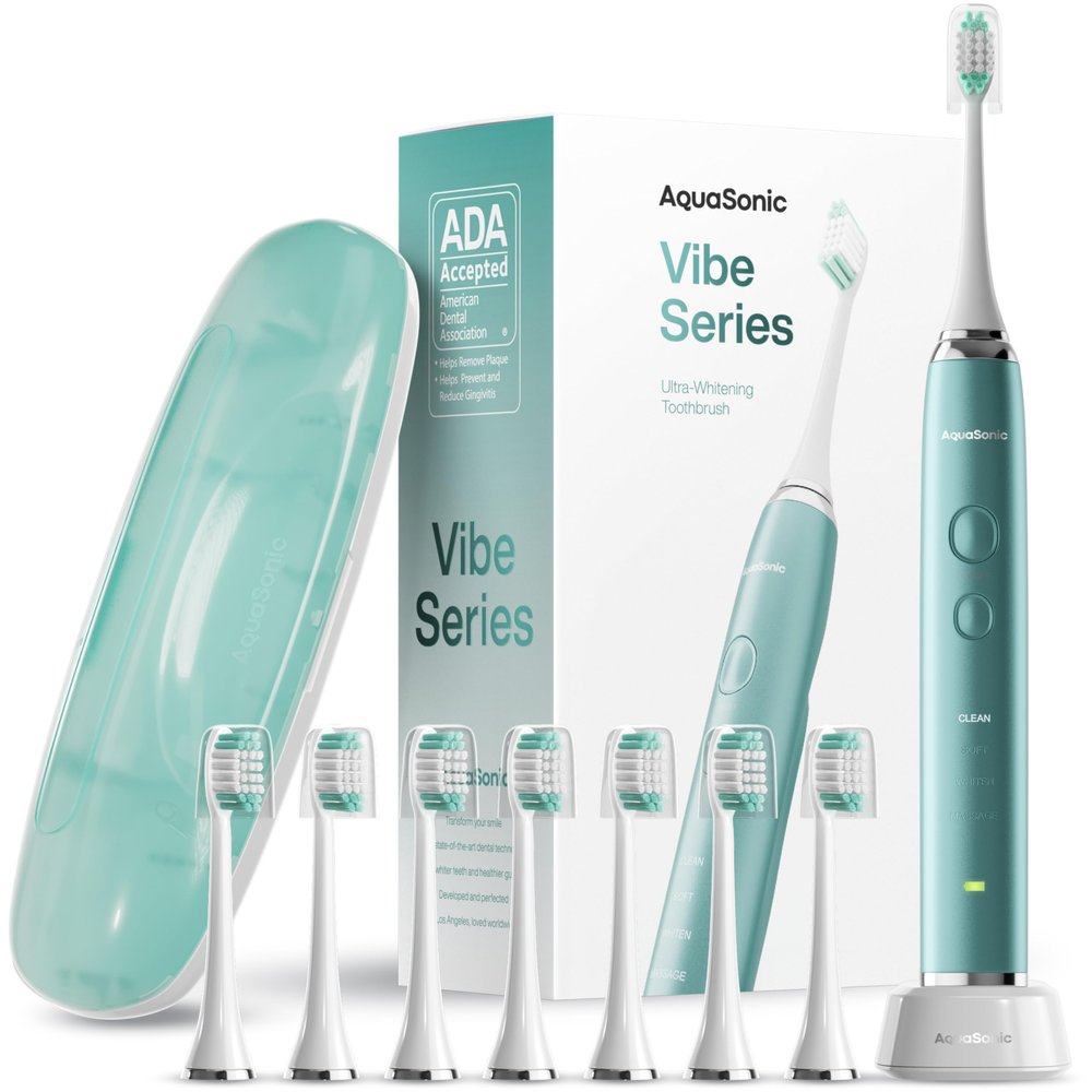 Aquasonic Vibe Series Ultra-Whitening Toothbrush  ADA Accepted Power Toothbrush - 8 Brush Heads & Travel Case  40,000 VPM Motor & Wireless Charging - 4 Modes w Smart Timer  Mint Green Metallic