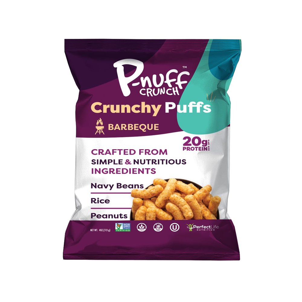 Pnuff Crunch Peanut Butter Puffs - Healthy Snacks, Low Calorie Snacks, Gluten Free Snacks, Vegan, High Protein, Keto, Office Snacks, Low Sugar, as Seen on Shark Tank - Barbeque, 4 Oz Bag (Pack of 15)