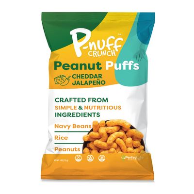 Pnuff Crunch Peanut Butter Puffs - Healthy Snacks, Low Calorie Snacks, Gluten Free Snacks, Vegan, High Protein, Keto, Office Snacks, as Seen on Shark Tank - Cheddar Jalapeno, 4 Oz Bag (Pack of 15)