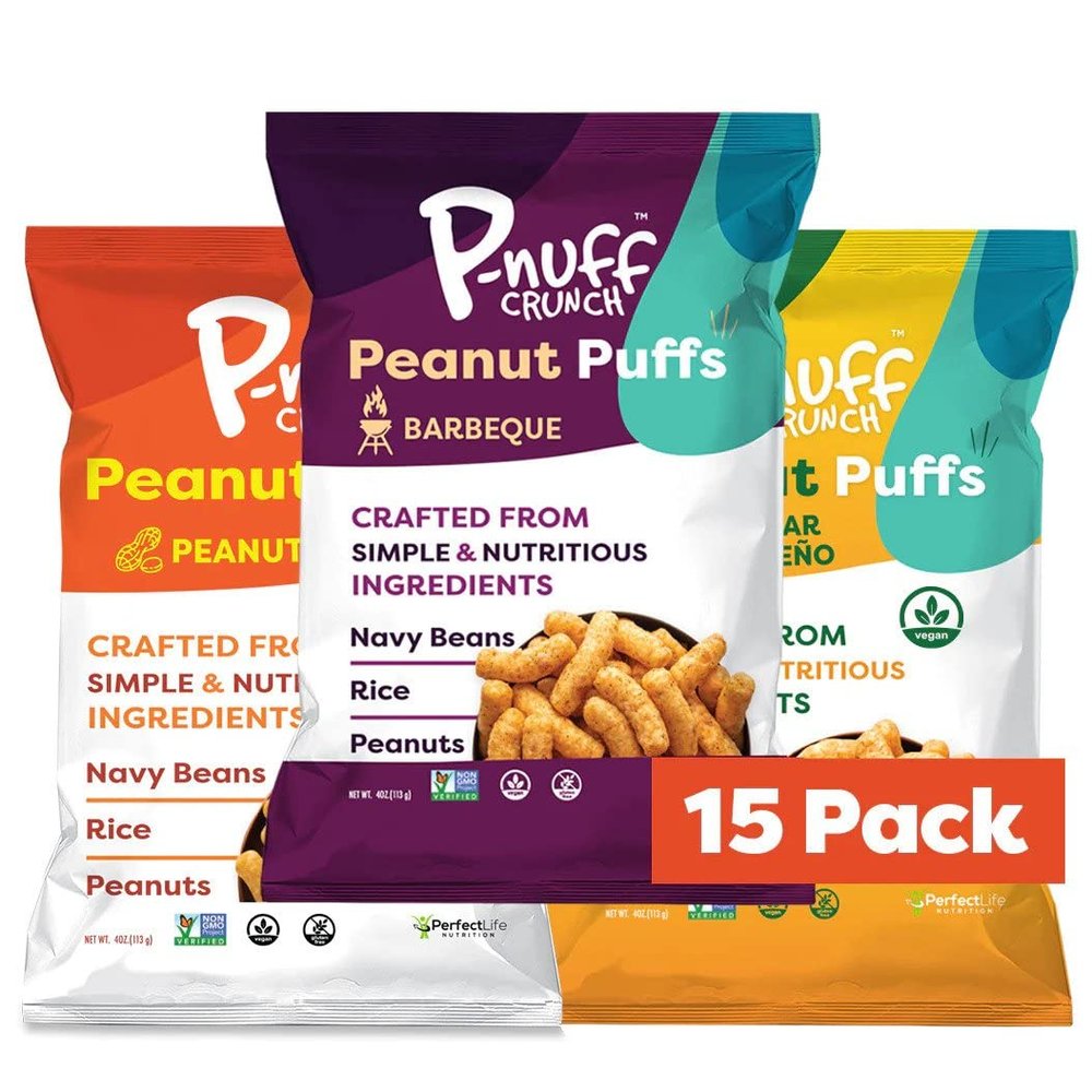 Pnuff Crunch Peanut Butter Puffs - Healthy Snacks, Low Calorie Snacks, Gluten Free Snacks, Vegan Snack, High Protein, Keto, Office Snacks, as Seen on Shark Tank - Savory Variety, 4 Oz Bag (Pack of 15)