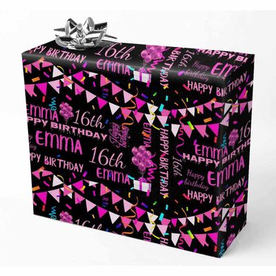 Custom Name Wrapping Paper Birthday Flag Decorte Pattern Dark Pink Customized Recycled Gift Wrapping Paper for Daughter Son Wrap Paper on Baby Shower Holiday Christmas Graduation