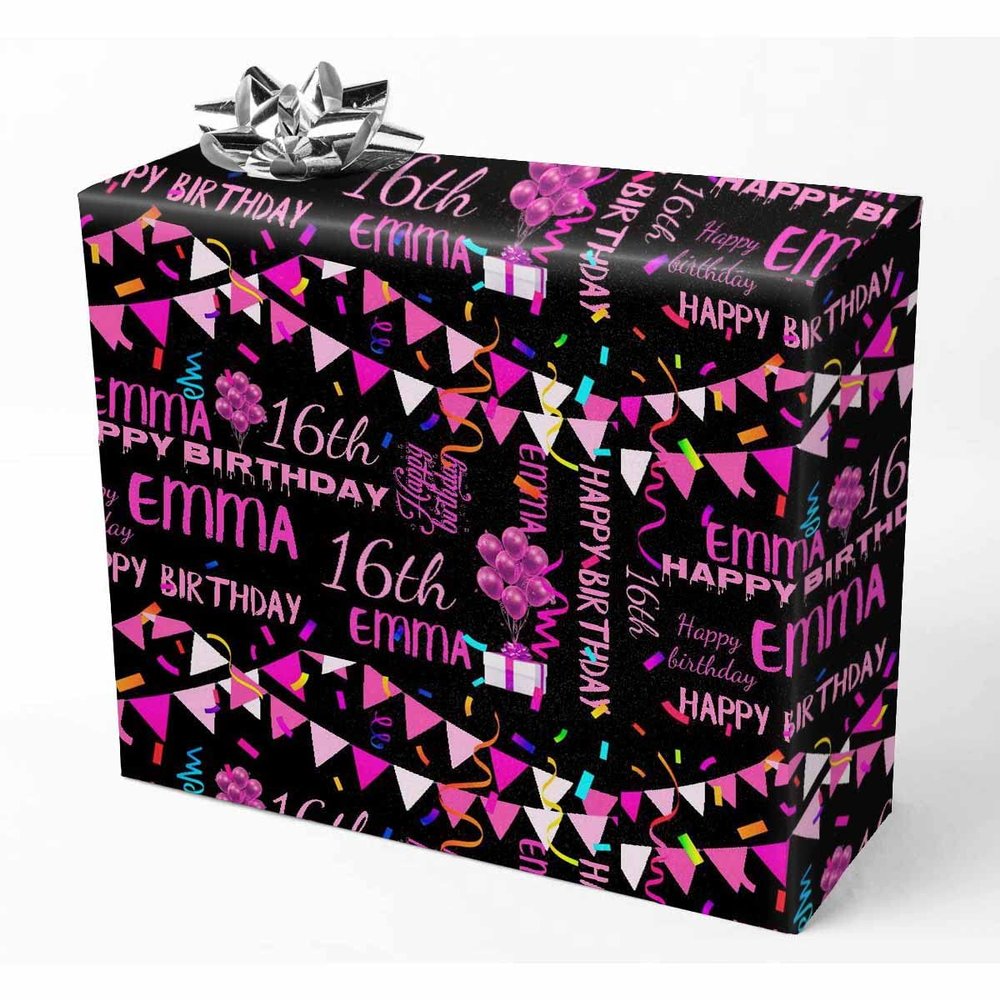 Custom Name Wrapping Paper Birthday Flag Decorte Pattern Dark Pink Customized Recycled Gift Wrapping Paper for Daughter Son Wrap Paper on Baby Shower Holiday Christmas Graduation