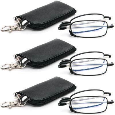 3 Pack Folding Reading Glasses with Keychain Compact Bags Women Men Blue Light Blocking Spring Hinge Portable Pocket Readers,Black 4.0