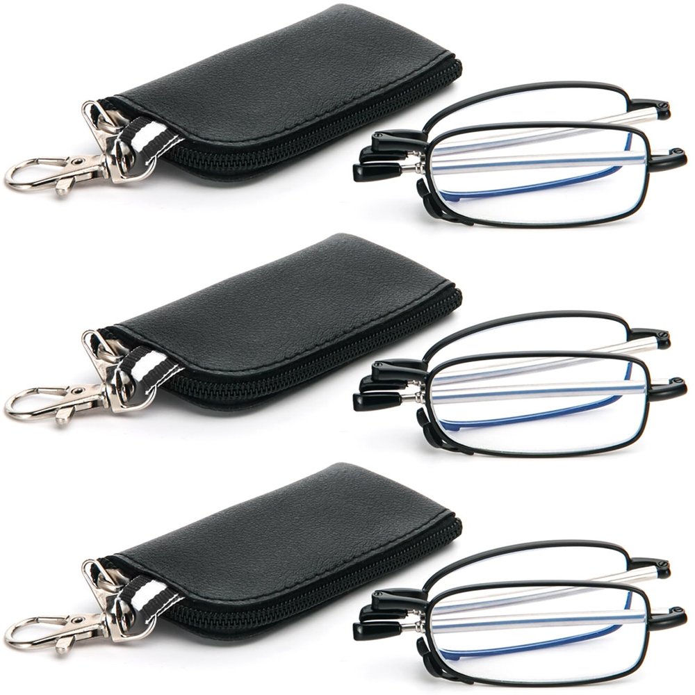 3 Pack Folding Reading Glasses with Keychain Compact Bags Women Men Blue Light Blocking Spring Hinge Portable Pocket Readers,Black 4.0