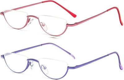REAVEE 2 Pack Retro Designer Half Frame Reading Glasses for Women Men Spring Hinge Half Moon Readers Stylish Slim Eyeglasses with Pouch, Pink and Purple 3.25