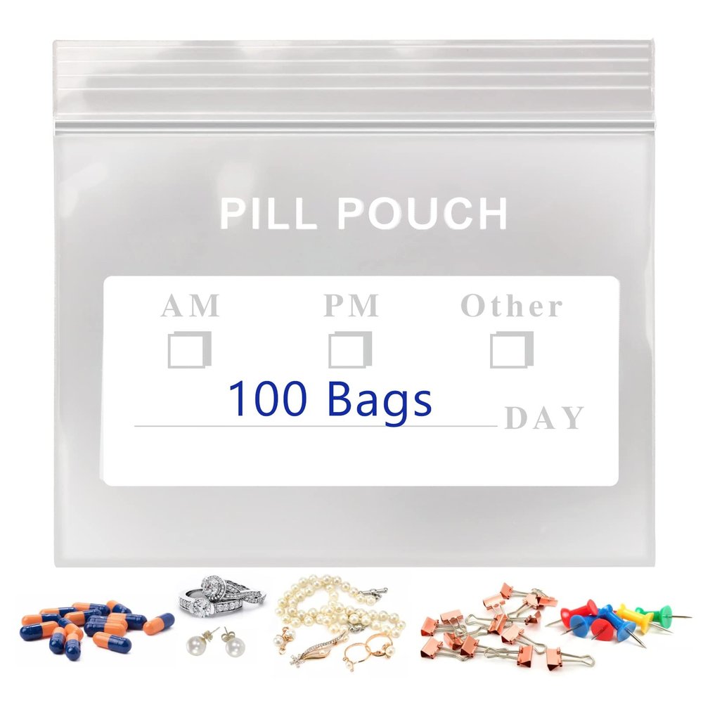 100 Packs Pill Bags BPA Free Pill Pouch 3 x 2.75'' Small Bag with Write-on Label Seal Waterproof Reusable Clear Ziplock Pill Pouches for Travel Medicine Organizer, Jewelry and Small Craft Pieces
