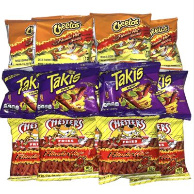 Hot Chips Variety Pack - Takis Fuego, Flamin' Hot Cheetos, and Chester's Hot Fries Pack of 12 with a Mystery Item, Perfect Snack with a Surprise