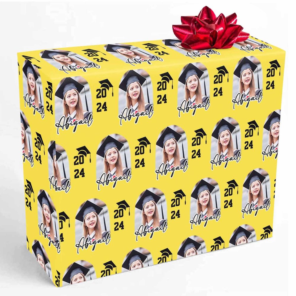 InterestPrint Personalized Photo Wrapping Paper Custom Class of 2024 Yellow Gift Wrapping Paper Roll with Printed Face Senior 2024 Gift for High School College Graduate 5 Roll