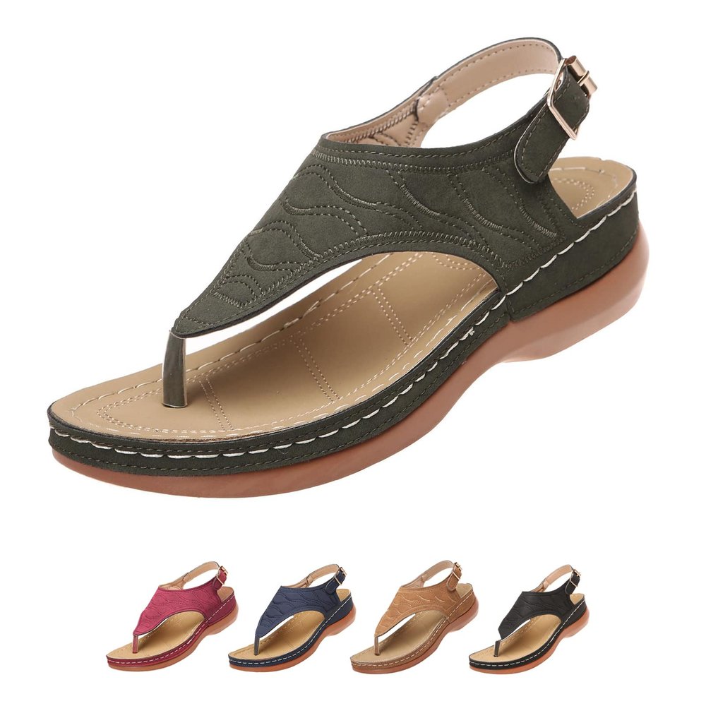 Women's Wellmesi Orthopedic Clip Toe Sandals with Arch Support,Dimleen Diabetic Wedge Buckle Anti-Slip Walking Flipflops (Green,7,Female)