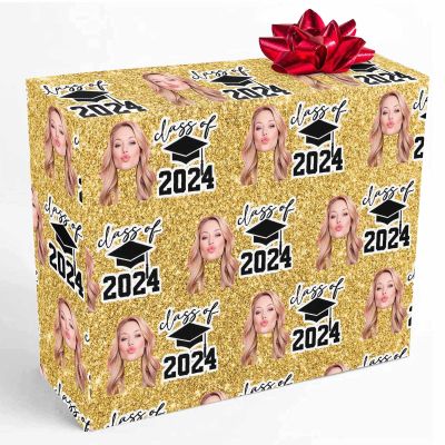 InterestPrint Custom Graduation Gift Wrapping Paper with Photo Personalized Class of 2024 Golden Glitter Wrapping Paper Roll 58x23 for Mom Dad Grandma Grandpa Graduation 5 Roll
