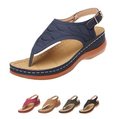 Women's Wellmesi Orthopedic Clip Toe Sandals with Arch Support,Dimleen Diabetic Wedge Buckle Anti-Slip Walking Flipflops (Blue,7,Female)
