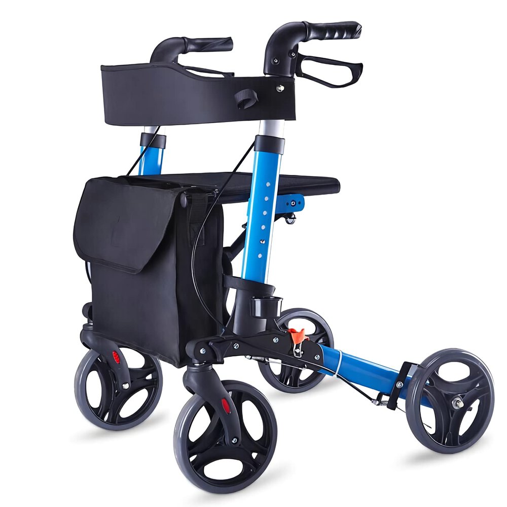 4-Wheel Rollator Walker with Seat,Lightweight Folding Aluminum Alloy Folding Rollator Walkers with 8" Wheels, Adjustable Seat and Arms, Supports Up to 350 Lbs, Blue