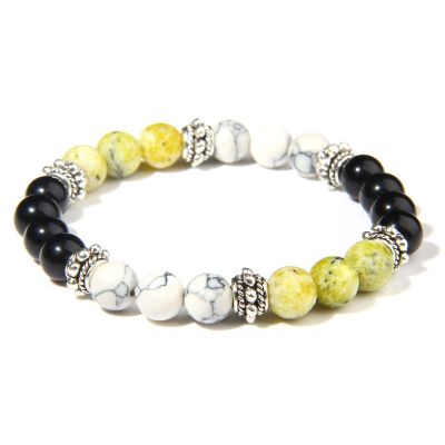 Men's Beaded Bracelet Black Obsidian Hematite Stone Bracelets for Women Jewelry,Yellow Howlite,19cm