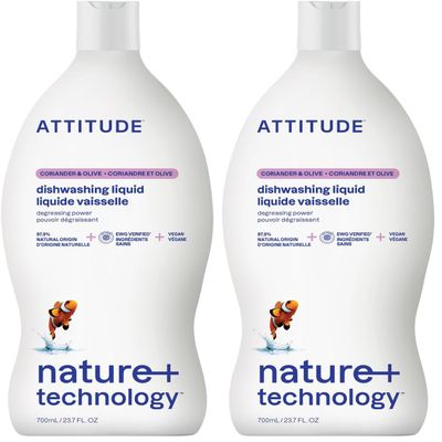 Attitude Dish Soap, Plant-based, Hypoallergenic, Eco-friendly, Coriander & Olive, 23.7 Fl Oz (Pack of 2)