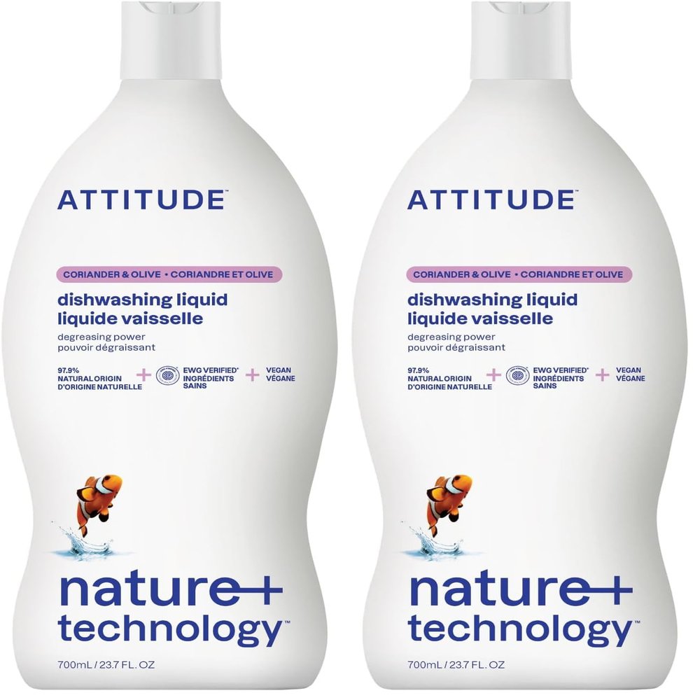 Attitude Dish Soap, Plant-based, Hypoallergenic, Eco-friendly, Coriander & Olive, 23.7 Fl Oz (Pack of 2)