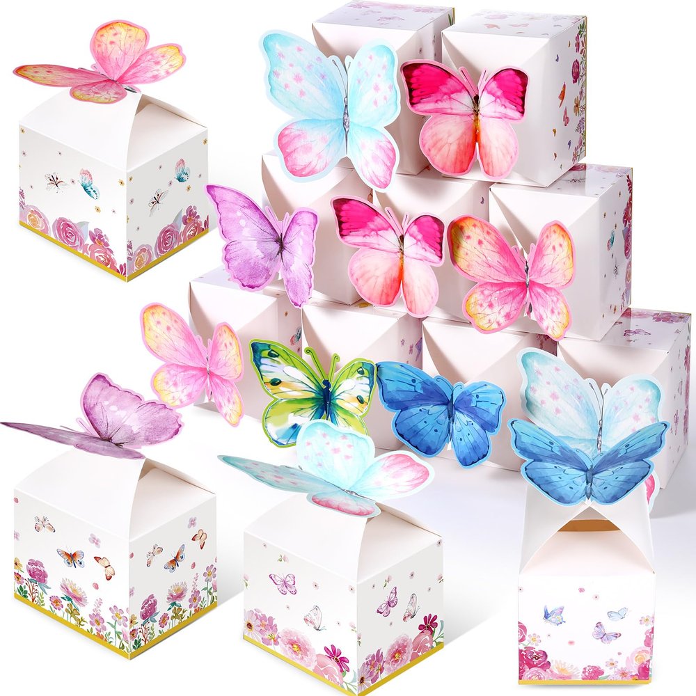 Ctosree 24 Pcs Butterfly Party Favor Boxes Floral Candy Treat Bags Pink Girl Butterfly Gift Paper Box Purple Blue Decor for Princess Birthday Party Baby Shower Supplies