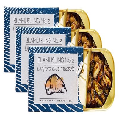 Fangst Blamuslinger No. 2 | Tinned Limfjord Blue Mussels Smoked in Cold Pressed Rapeseed Oil | 3 x 100g Can