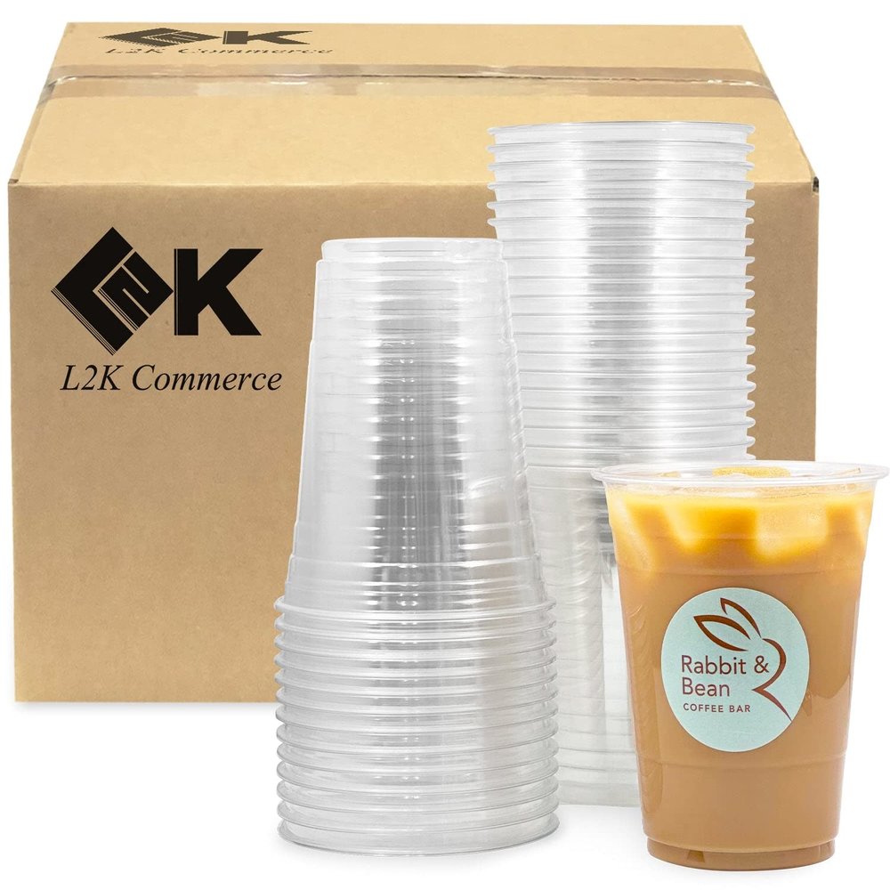 L2K [50 Pack] 16 oz Clear Coffee Cups, Clear Plastic Cup, Disposable Cups, Iced Coffee Cup (50 Cups)