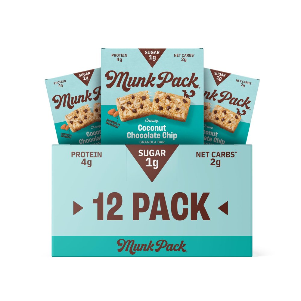 Munk Pack Coconut Chocolate Chip Chewy Granola Bars | 5g Protein, 1g Sugar with Allulose, 2g Net Carbs, Low Sugar, Gluten Free, Low Glycemic Snacks | 12 Count