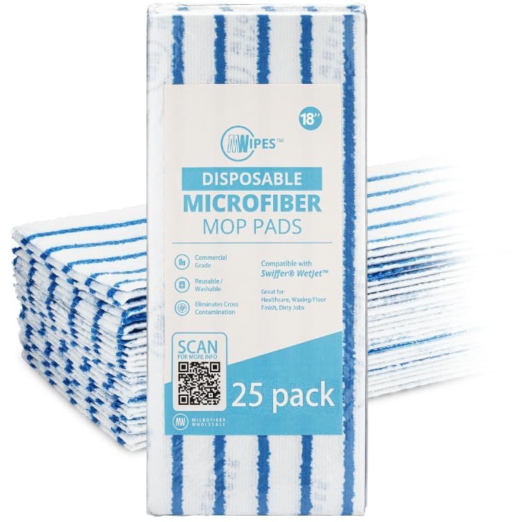 18" MWipes Semi-Disposable Microfiber Mop Pads - Compatible with Swiffer Sweeper - Replacement Flat Mop Heads Compatible with Any Flat Mop System, 25 Pack