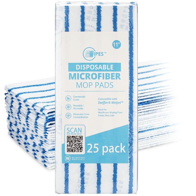 10" MWipes Semi-Disposable Microfiber Mop Pads - Compatible with Swiffer Wet Jet - Replacement Flat Mop Heads Compatible with Any Flat Mop System, 25 Pack