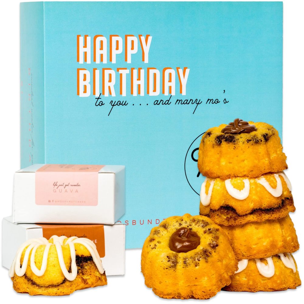 Mo's Mixed Box - Birthday Gifts For Men, Women, Dad, Mom, Husband, Wife, Boys, Girls - Fresh Mo's Bundt Cakes in a Beautiful Birthday Gift Box - Assorted Flavors: Hazelnut Spread, Dulce de Leche, Cinnamon, Guava (8 Mini Cakes)