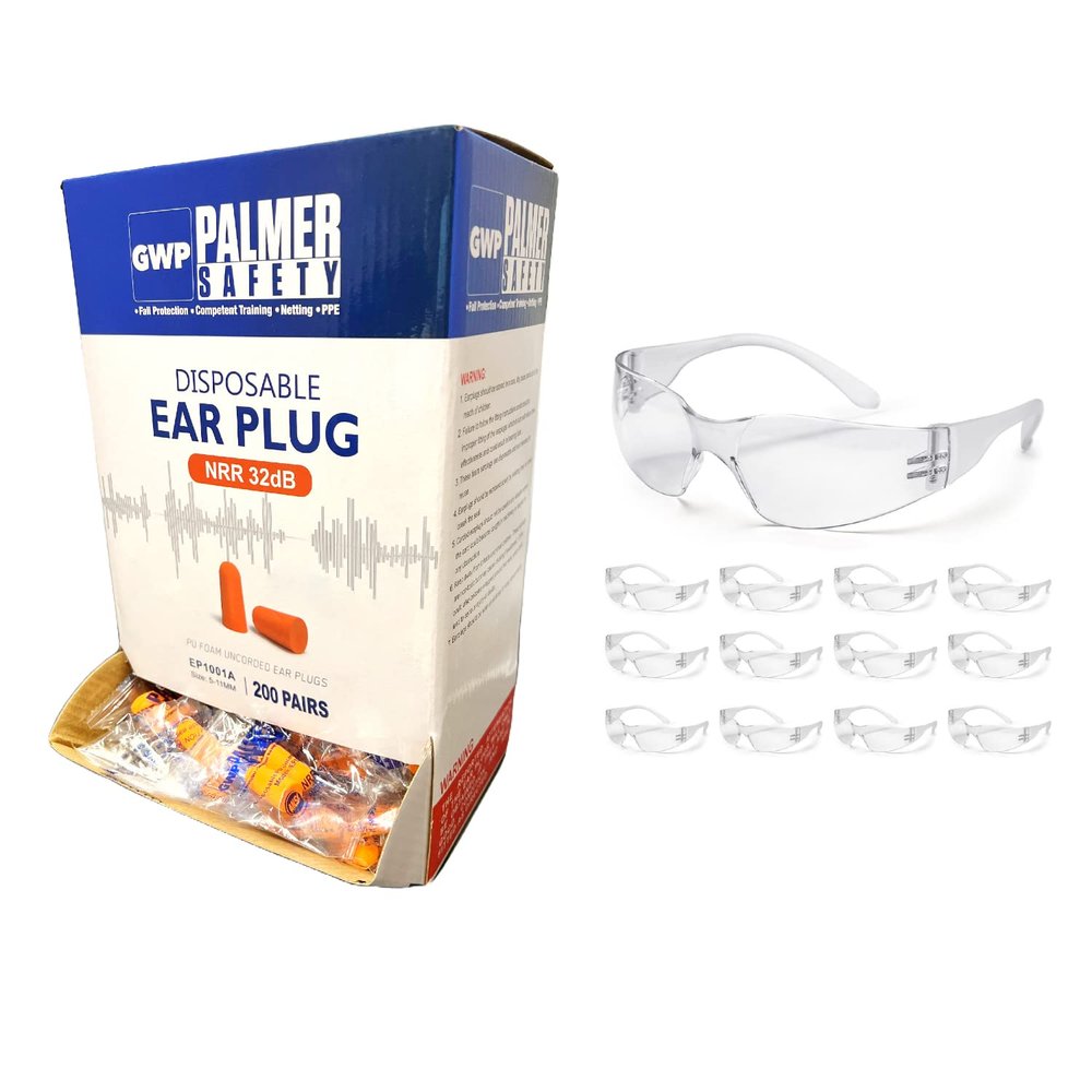 ATERET Earplugs 200 Pairs & 12 Pairs of Safety Glasses I 32db Noise Cancelling Soft Disposable Ear Plugs I Safety Hearing & Eye Protection for Hunting Shooting Range Work Construction