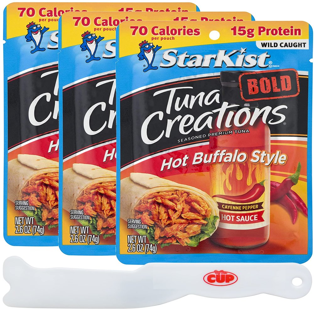 StarKist Tuna Creations, Hot Buffalo, 2.6 oz Pouch, Gluten-Free, Kosher (Pack of 3) with By The Cup Spatula Knife