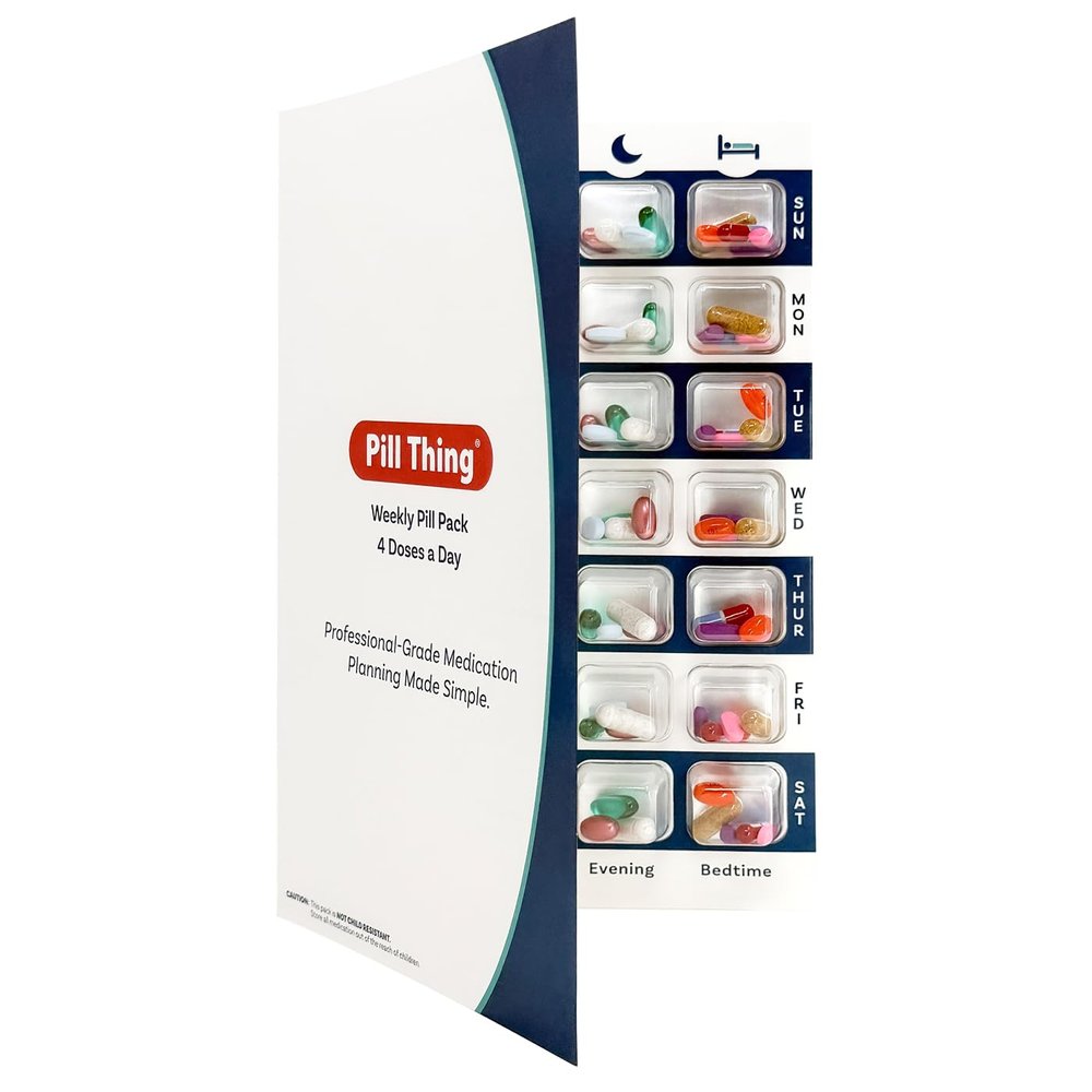 Weekly Cold Seal Pill Medication Blister Pack System Cards - One Piece Unit Dose Tri-Fold Booklet, Easy No Extra Equipment Needed, Just Fill and Seal (4X a Day Weekly - 12 Pack)