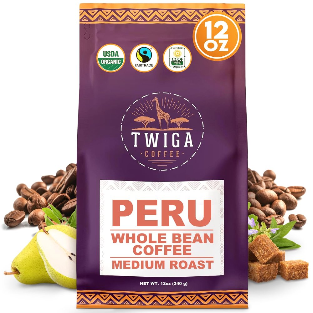 Twiga Coffee Peruvian Coffee Beans Medium Roast Arabica Whole Beans with Brown Sugar, Pear & Sage Flavor Notes, Single Origin Freshly Roasted for a Smooth, Flavorful Cup, 12 oz