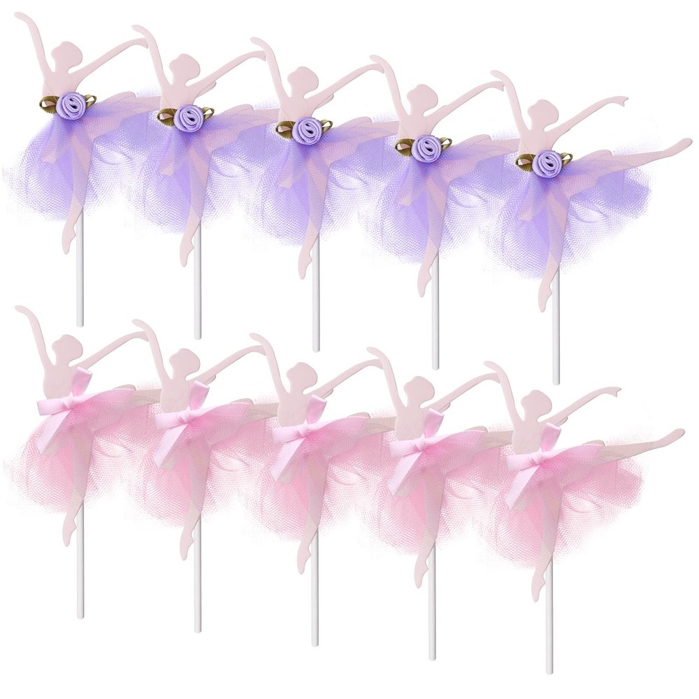 10 PCS Ballerina Girls Cupcake Topper, Ballet Dancer Cake Topper, Pink Purple Tutu Girl Cake Dessert Muffin Decoration for Birthday Wedding Baby Shower Party