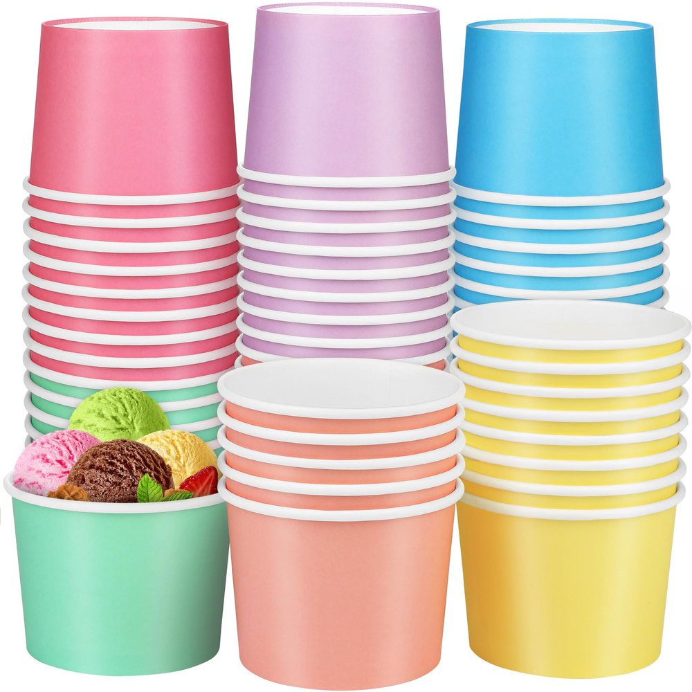 Aodaer 60 Pack Paper Ice Cream Cups 8 oz Paper Snack Ice Cream Bowls Disposable Dessert Bowls for Hot or Cold Food Party Supplies Treat Cups for Sundae, Frozen Yogurt, Soup, 6 Colors
