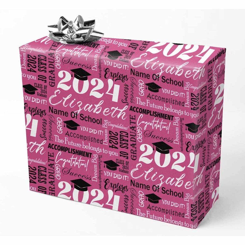 Custom Senior 2024 Congratulations Class of 2024 Pink Graduation Wrapping Paper Personalized Name Congratulate Your Grad with Fun and Vibrant Graduation Wrapping Paper for Best Sister Daughter Son