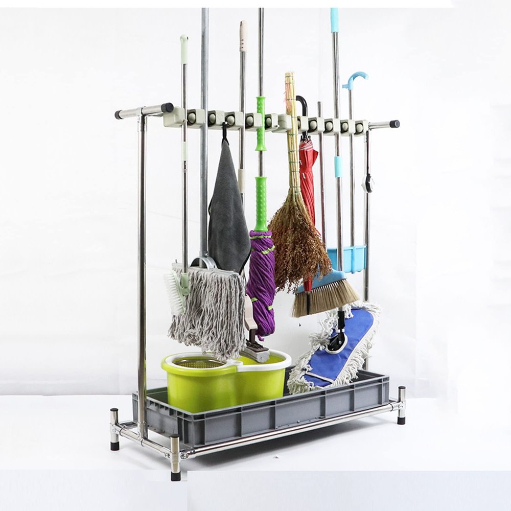 Movable Broom And Mop Holder,Commercial Stainless Steel Mop Rack, Cleaning Supplies Organizer,Floor-Mounted Mop Drain Rack with Tray,Umbrella Stand,Garden Tool Storage,5 Slots ( Size : Single row-10sl