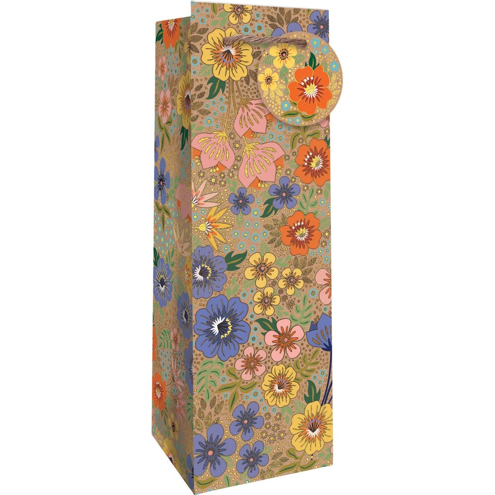 JILLSON & ROBERTS Wine Bottle Gift Bags with Foil Accents, Golden Floral (12 Count)