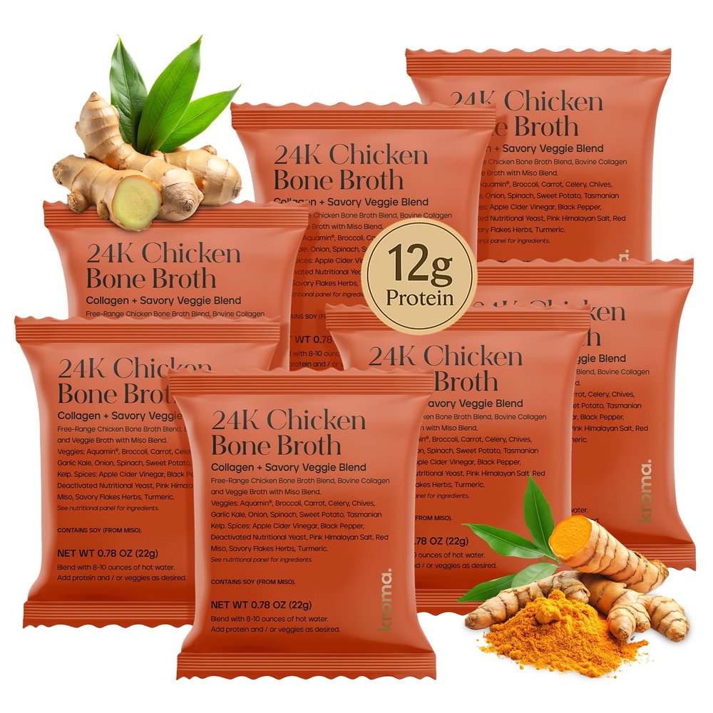 Kromas 24K Chicken Bone Broth Powder - 7 Pack, 7 Servings Organic Protein-Rich Bone Stock Instant Packaged Broths for Joint Health 24K Chicken Protein Powder for Gut Health & Daily Wellness