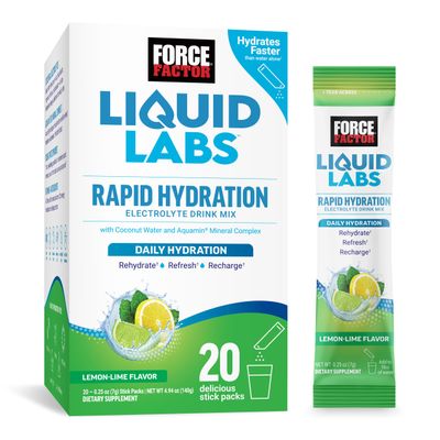 Force Factor Liquid Labs Electrolytes Powder PacketsLemon LimeHydration Packets to Make Electrolyte Water with 5 Essential Electrolytes, Vitamins, Minerals, and Antioxidants, 20 Stick Packs