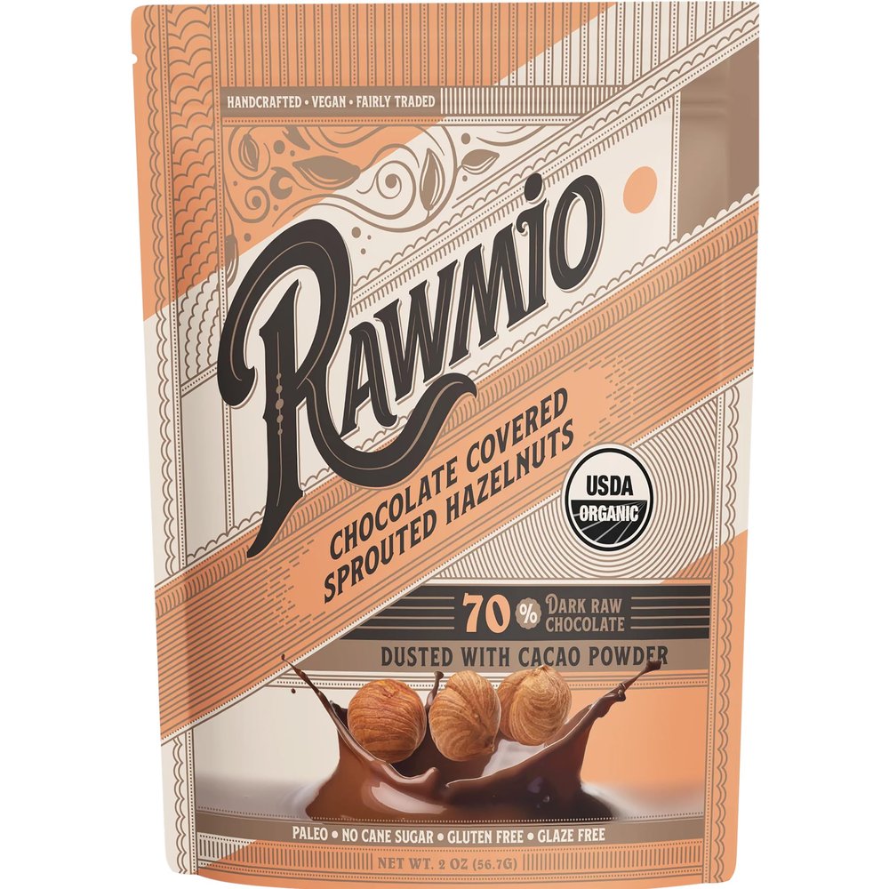 Rawmio Chocolate Covered Sprouted Hazelnuts - Organic, Raw, Vegan, 70% Dark Chocolate, 6 Packs, 2 oz.