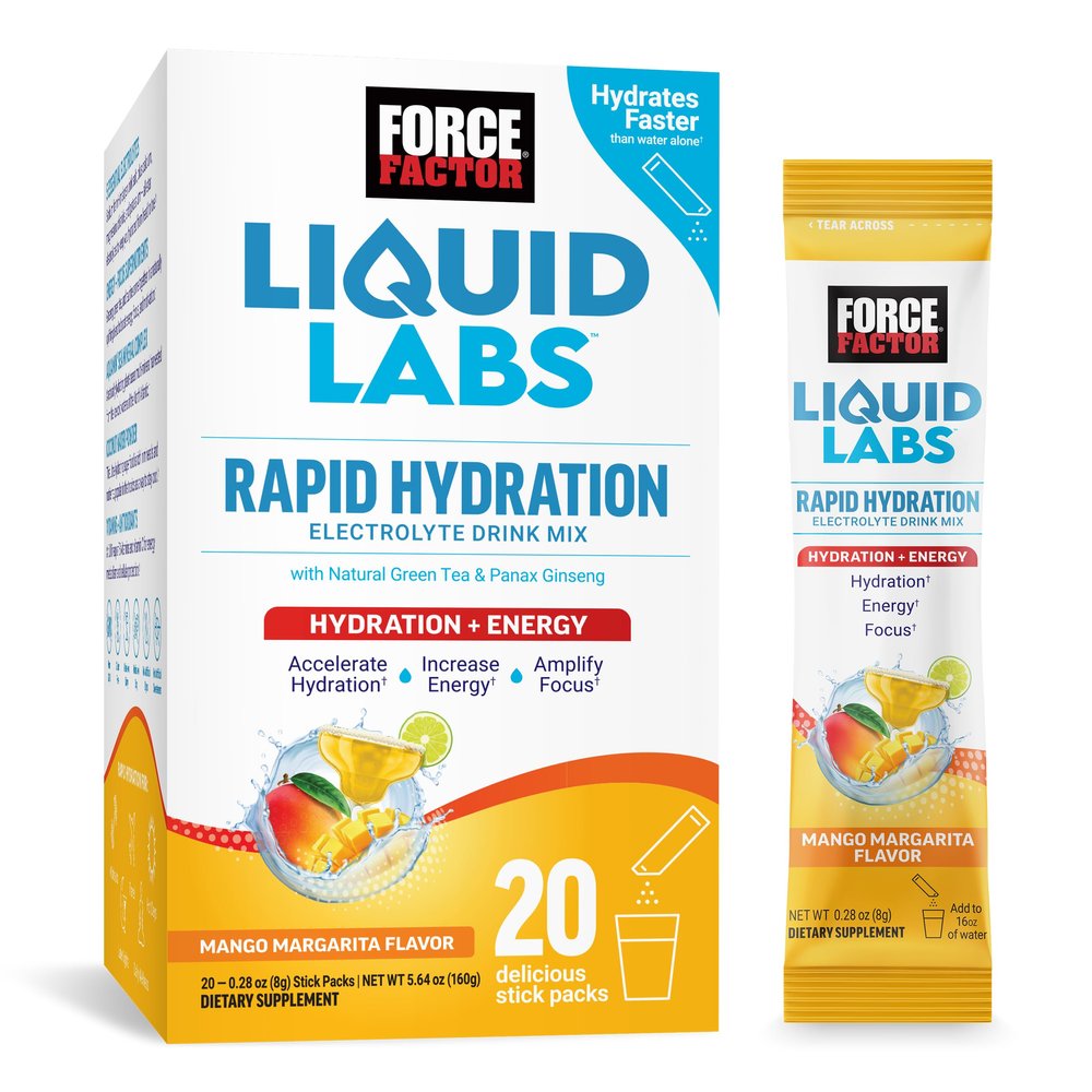 Force Factor Liquid Labs Electrolytes Powder PacketsMango MargaritaEnergy Hydration Packets to Make Electrolyte Water with 5 Essential Electrolytes, Vitamins, Minerals & Antioxidants, 20 Stick Packs