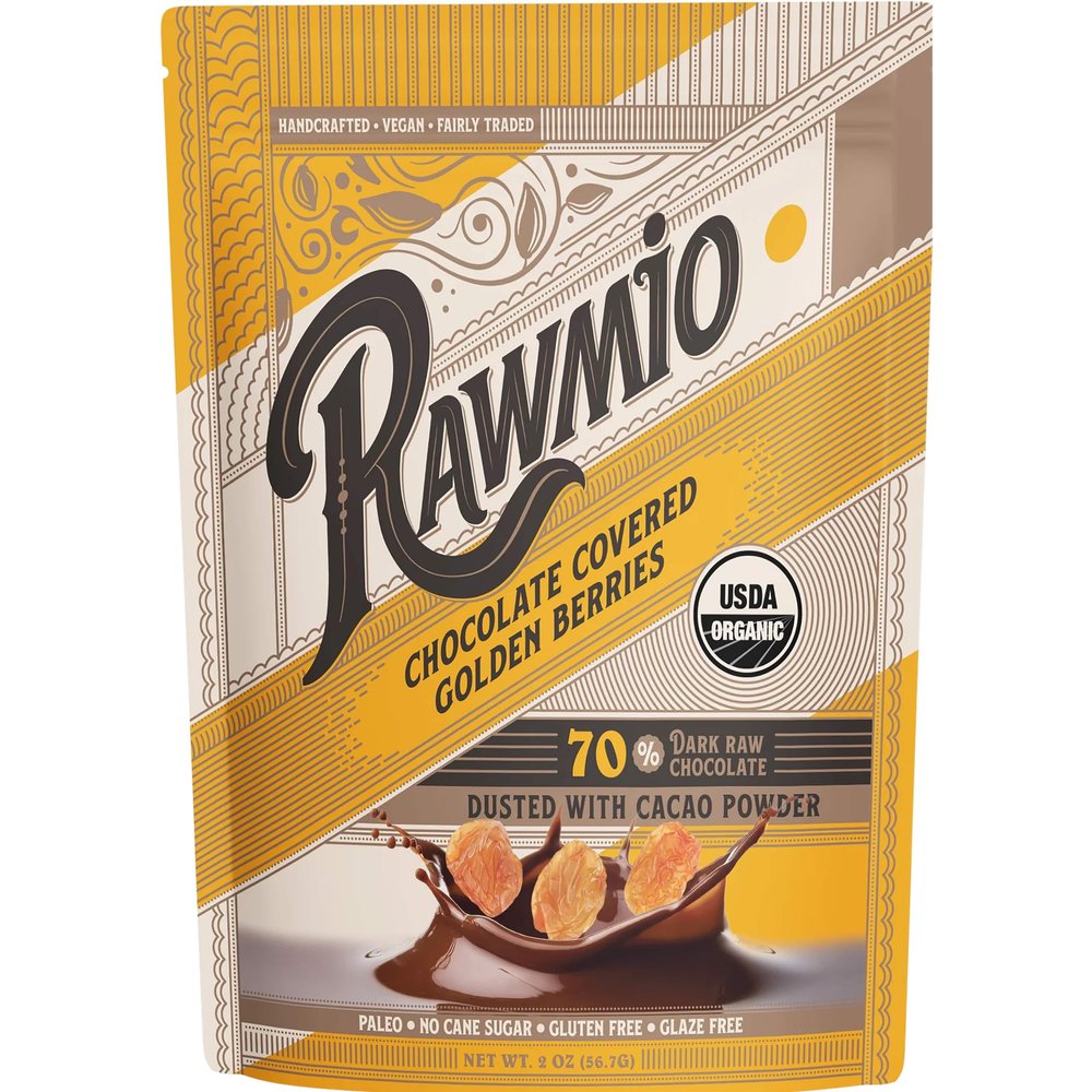 Rawmio Chocolate Covered Golden Berries - Organic, Raw, Vegan, 70% Dark Chocolate, 18 Packs, 2 oz.