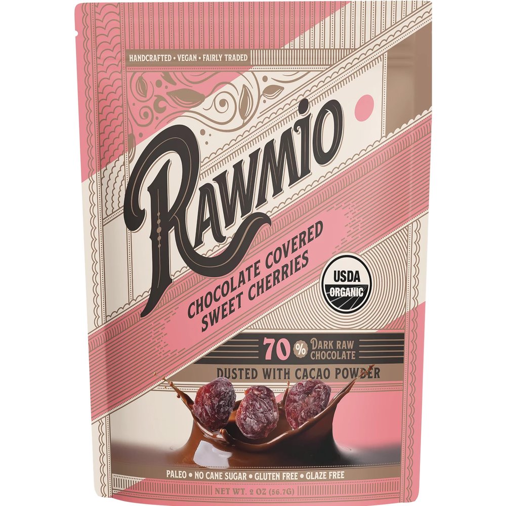 Rawmio Chocolate Covered Sweet Cherries - Organic, Raw, Vegan, 70% Dark Chocolate, 6 Packs, 2 oz.