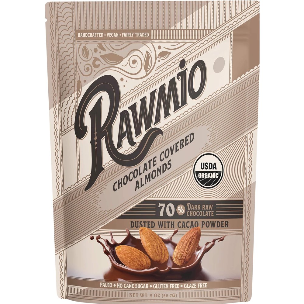 Rawmio Chocolate Covered Almonds - Organic, Raw, Vegan, 70% Dark Chocolate, 2 Packs, 2 oz.