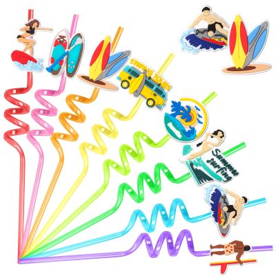 24 Beach Birthday Party Supplies Surf Board Drinking Straws with 2 PCS Straws Cleaning Brush for Kids Summer Pool Birthday Party Favors Decorations