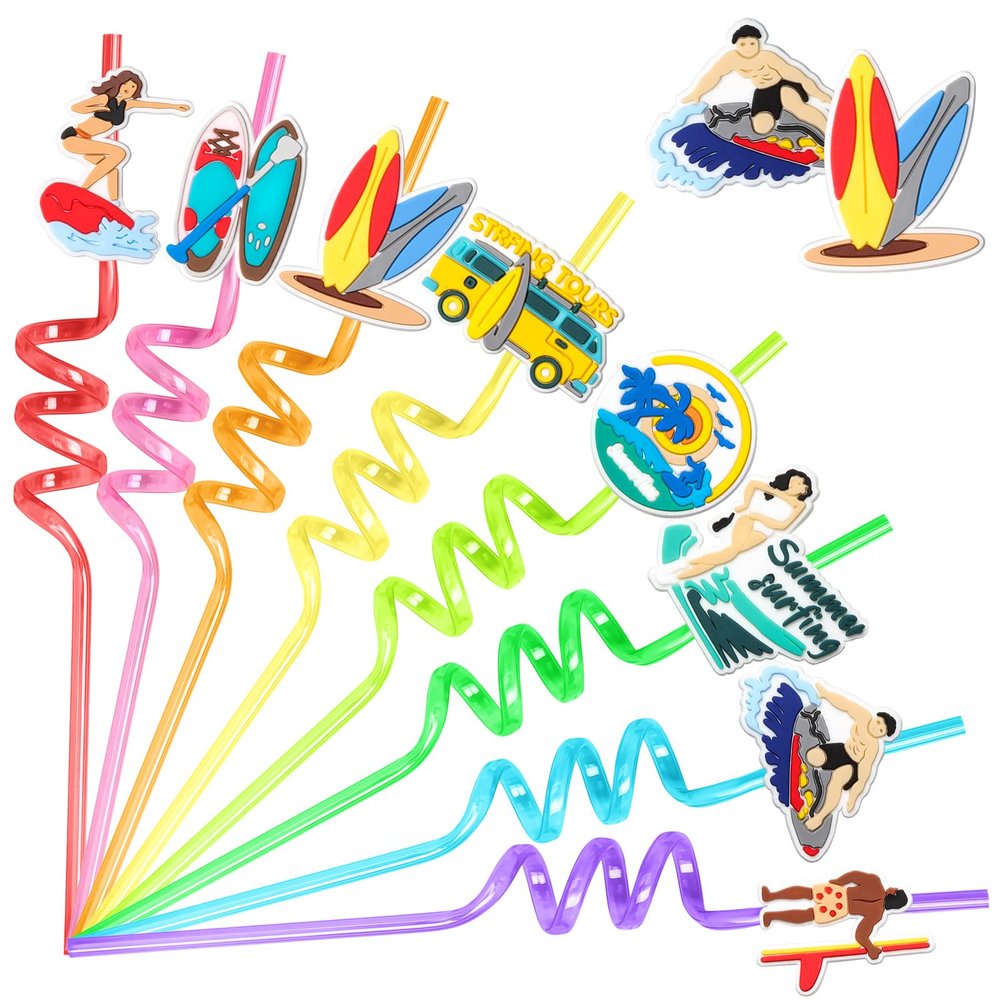 24 Beach Birthday Party Supplies Surf Board Drinking Straws with 2 PCS Straws Cleaning Brush for Kids Summer Pool Birthday Party Favors Decorations
