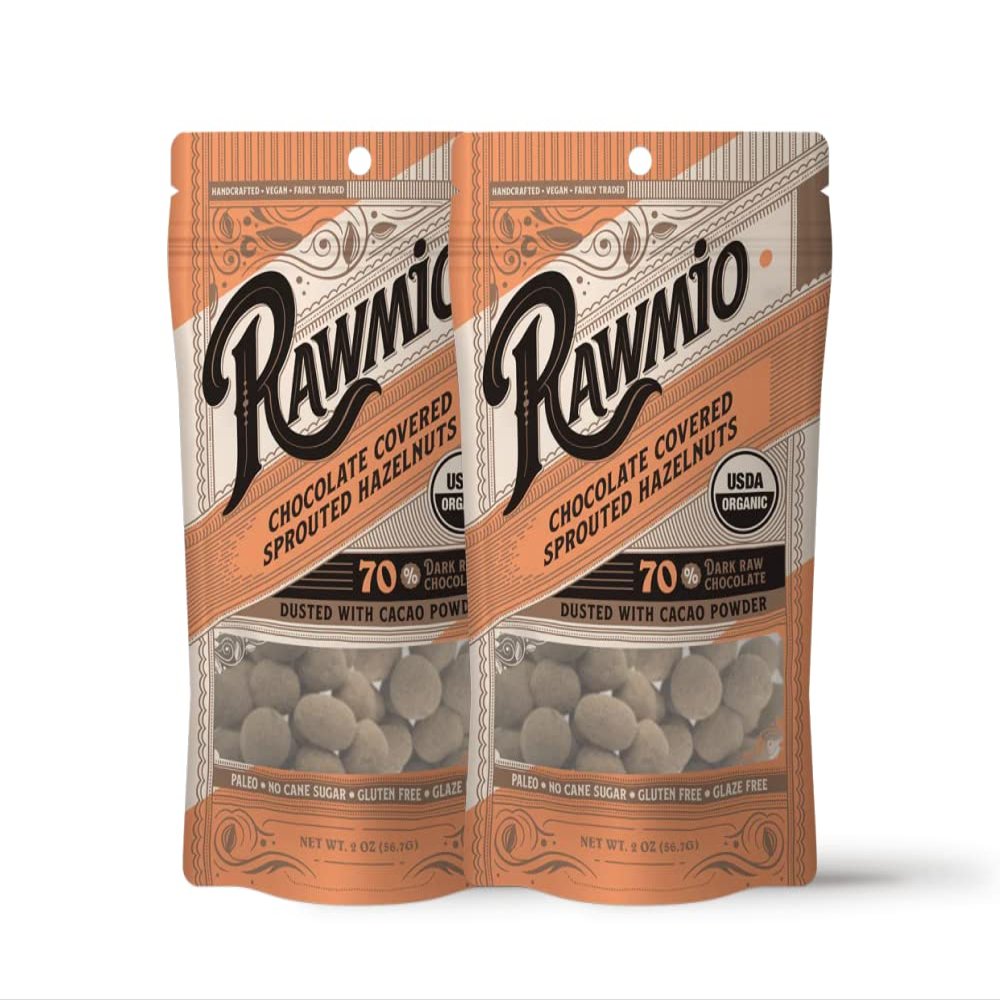 Rawmio Chocolate Covered Sprouted Hazelnuts - Organic, Raw, Vegan, 70% Dark Chocolate, 2 Packs, 2 oz.