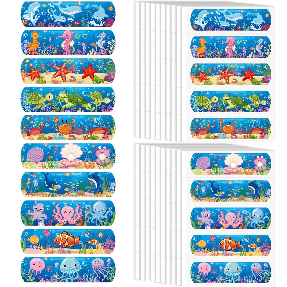 200 Pcs Kid Bandages Bulk Cute Cartoon Bandage Children's Adhesive Flexible Colorful Strip Waterproof Breathable PE Stickers Protection Care Cuts for Ocean Under Sea Party Girl Boy
