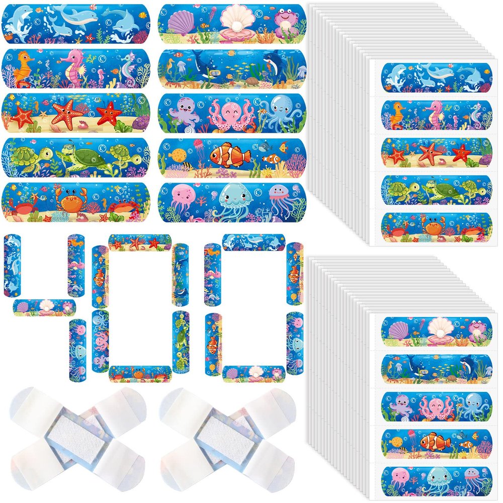 400 Pcs Kid Bandages Bulk Cute Cartoon Bandage Children's Adhesive Flexible Colorful Strip Waterproof Breathable PE Stickers Protection Care Cuts for Ocean Under Sea Party Girl Boy