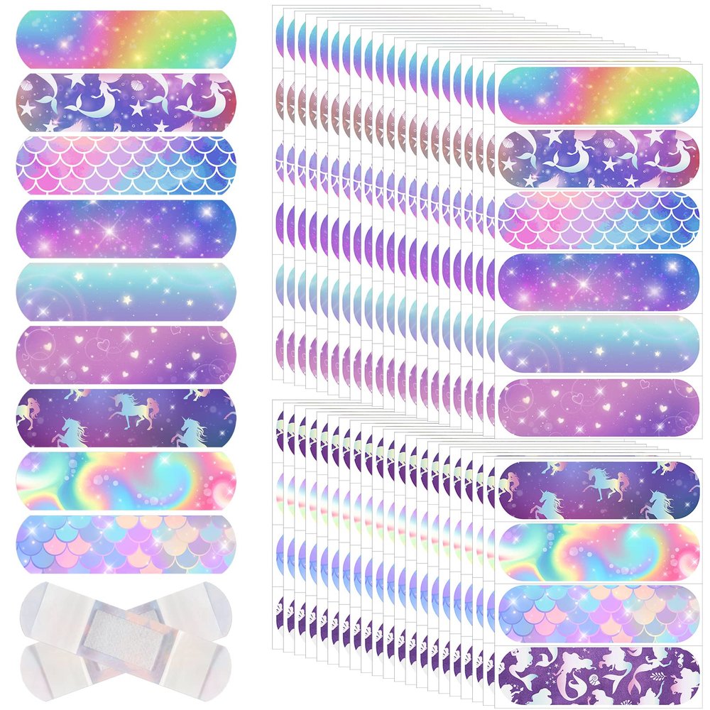 Patelai 300 Pieces Kids Bandages Bulk 10 Styles Children's Adhesive Flexible Colorful Cute Cartoon Bandages Waterproof Breathable Stickers Protection Care Cuts for Girls Boys(Mermaid)