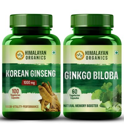 Himalayan Organics Organics Combo Pack of Korean Red Ginseng 1000mg for Men (100 Vegetarian Capsules) with Ginkgo Biloba 500mg (60 Veg Capsules)